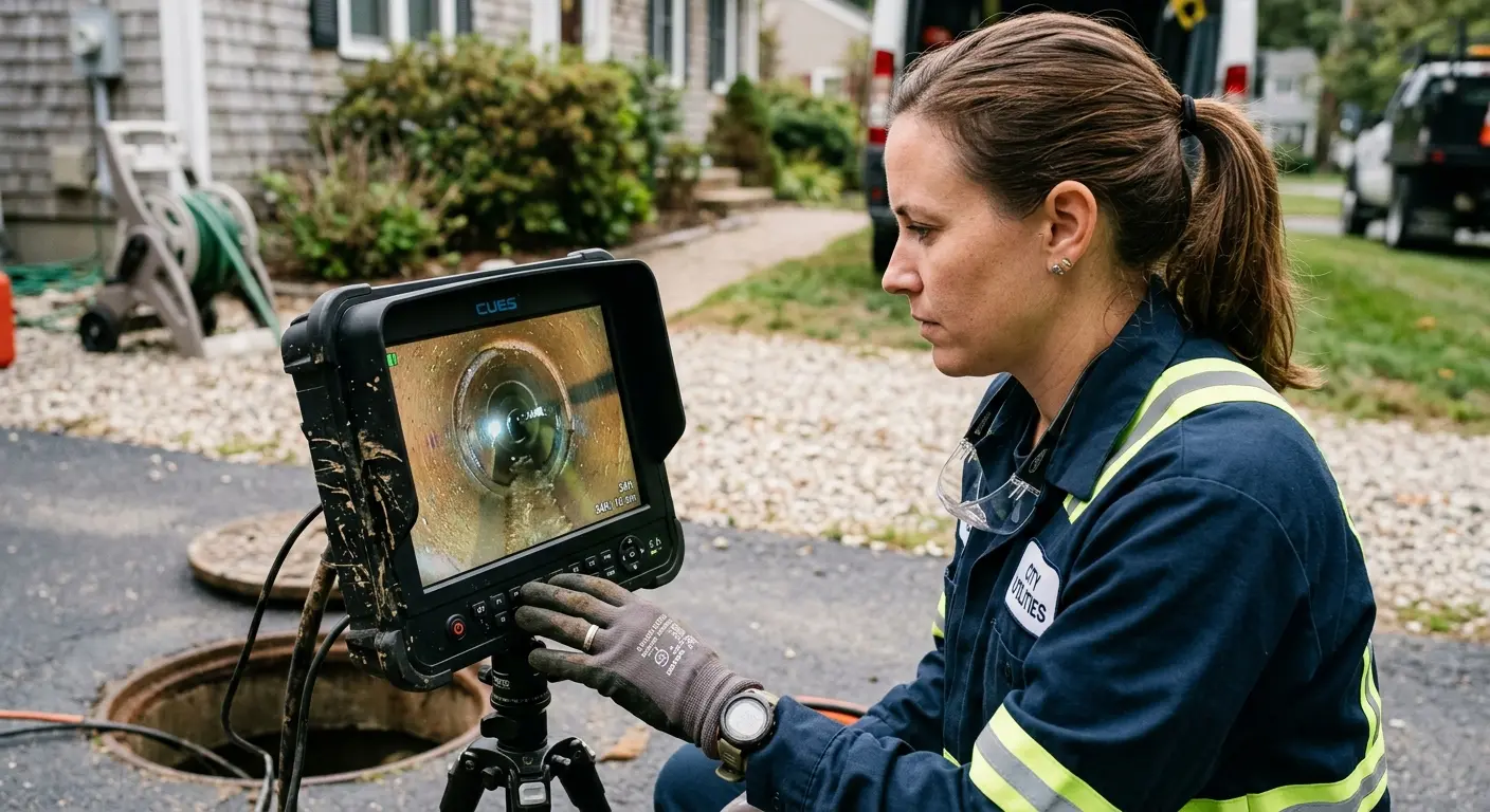 Technician reviewing sewer camera inspection footage in Sharonville