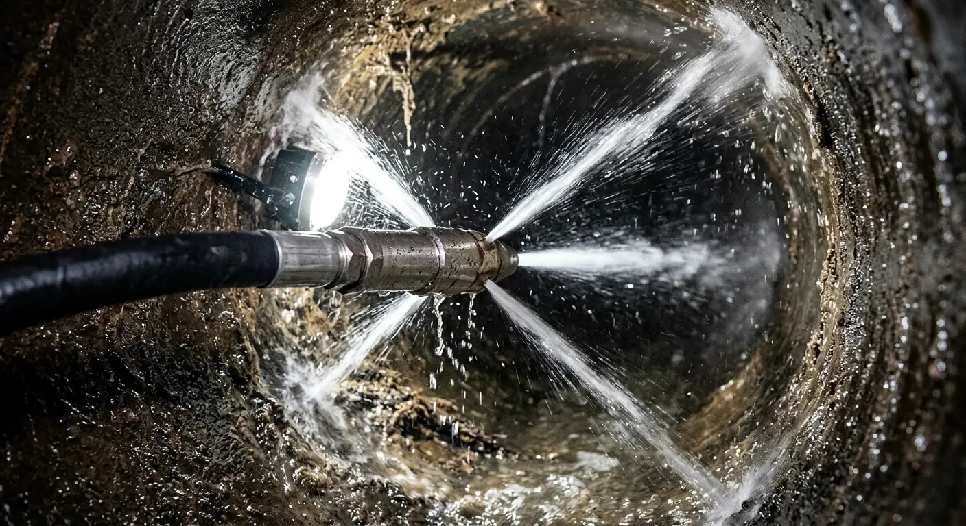 High-pressure hydro jetting nozzle cleaning sewer pipe for Trenchless Sewer Repair in Sharonville