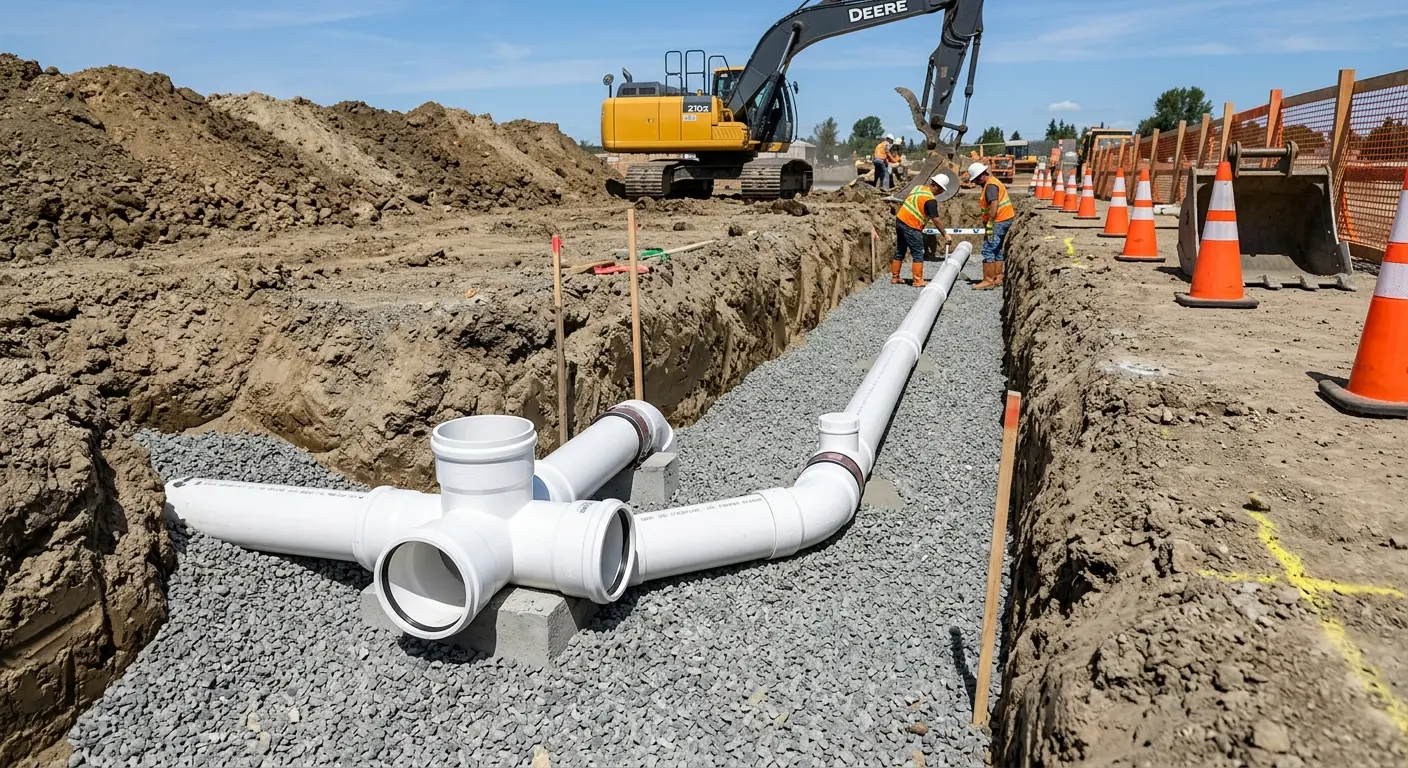 New PVC sewer pipe installation in open trench for Grease Trap Cleaning in Sharonville