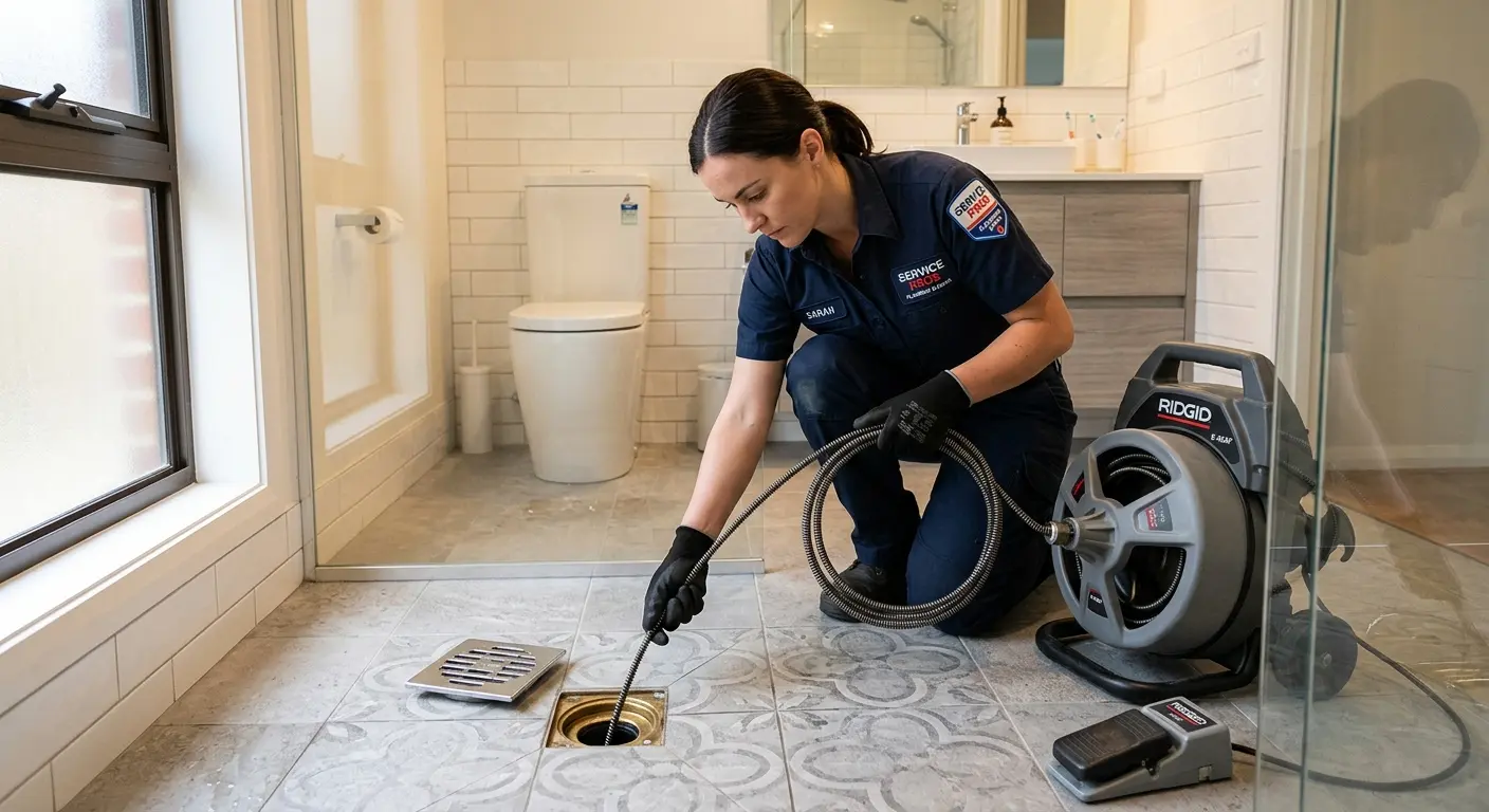 Technician clearing a bathroom floor drain for Sewer Line Installation in Sharonville